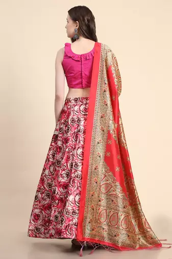 Pink Satin Silk Digital Printed Semi-Stitched Lehenga Choli Set With Dupatta