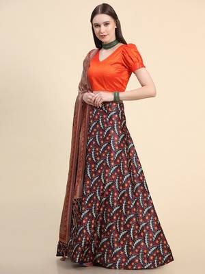 Black Satin Silk Digital Printed Semi-Stitched Lehenga Choli Set With Dupatta 2