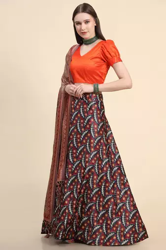 Black Satin Silk Digital Printed Semi-Stitched Lehenga Choli Set With Dupatta