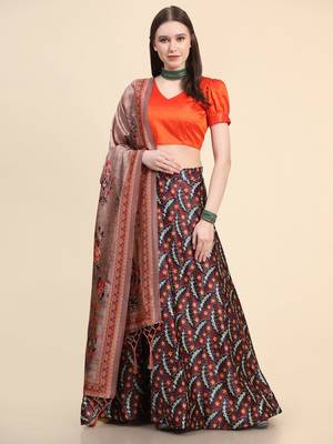 Black Satin Silk Digital Printed Semi-Stitched Lehenga Choli Set With Dupatta 3
