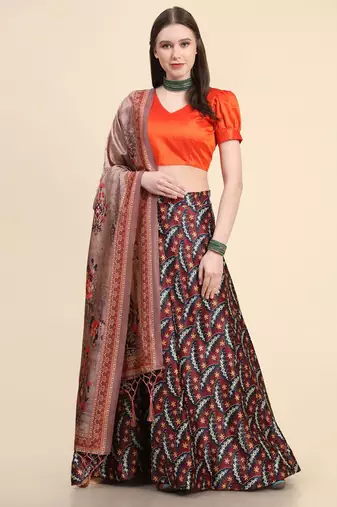 Black Satin Silk Digital Printed Semi-Stitched Lehenga Choli Set With Dupatta