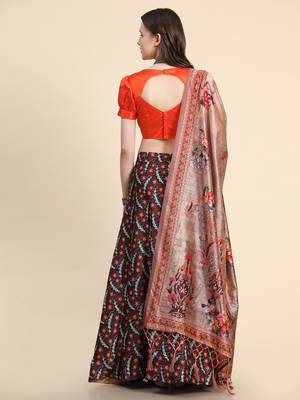 Black Satin Silk Digital Printed Semi-Stitched Lehenga Choli Set With Dupatta 4