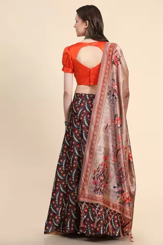Black Satin Silk Digital Printed Semi-Stitched Lehenga Choli Set With Dupatta