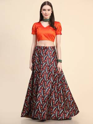 Black Satin Silk Digital Printed Semi-Stitched Lehenga Choli Set With Dupatta 5
