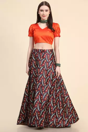 Black Satin Silk Digital Printed Semi-Stitched Lehenga Choli Set With Dupatta