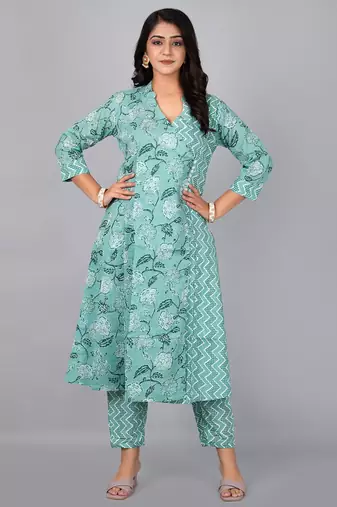  a-line kurta with stand coller neck & printed pant