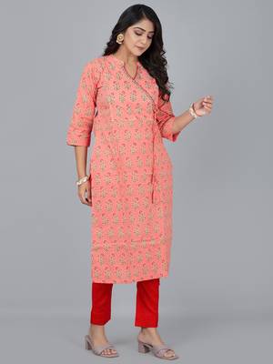 Fashion petals peach printed stand collar neck kurta with pant 1