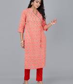 Fashion petals peach printed stand collar neck kurta with pant