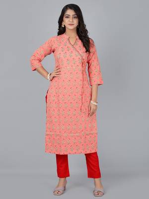 Fashion petals peach printed stand collar neck kurta with pant 2