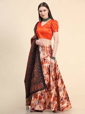 Orange Satin SIlk Digital Printed Seni-Stitched Lehenga Choli Set With Dupatta 1