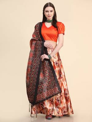 Orange Satin SIlk Digital Printed Seni-Stitched Lehenga Choli Set With Dupatta 3