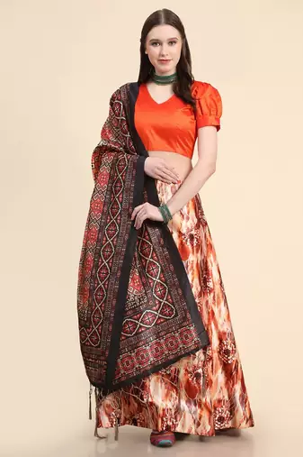 Orange Satin SIlk Digital Printed Seni-Stitched Lehenga Choli Set With Dupatta