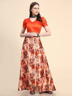 Orange Satin SIlk Digital Printed Seni-Stitched Lehenga Choli Set With Dupatta 4