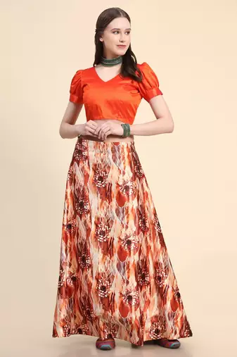 Orange Satin SIlk Digital Printed Seni-Stitched Lehenga Choli Set With Dupatta
