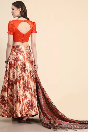 Orange Satin SIlk Digital Printed Seni-Stitched Lehenga Choli Set With Dupatta