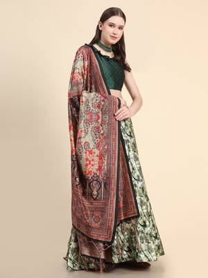 Green Satin Silk Semi-Stitched Lehenga Choli Set With Dupatta 2