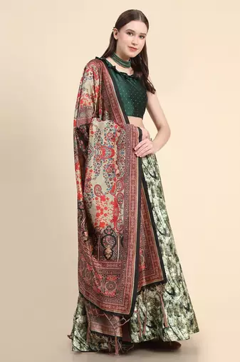 Green Satin Silk Semi-Stitched Lehenga Choli Set With Dupatta