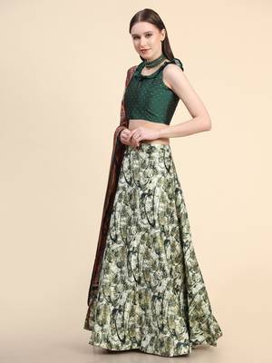 Green Satin Silk Semi-Stitched Lehenga Choli Set With Dupatta 3