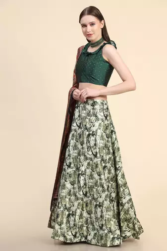 Green Satin Silk Semi-Stitched Lehenga Choli Set With Dupatta