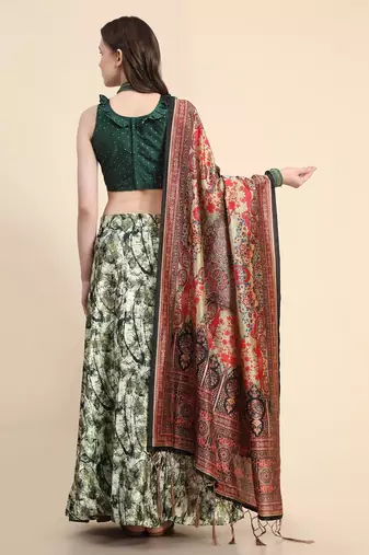 Green Satin Silk Semi-Stitched Lehenga Choli Set With Dupatta