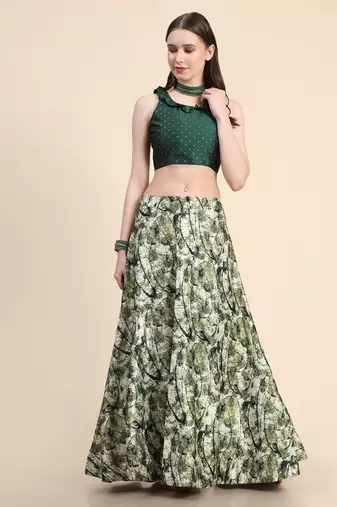 Green Satin Silk Semi-Stitched Lehenga Choli Set With Dupatta