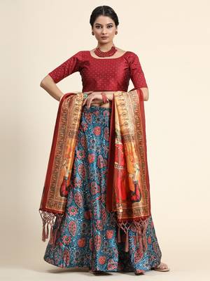 Blue Satin Silk Semi-Stitcehd Lehenga Choli Set With Dupatta 1
