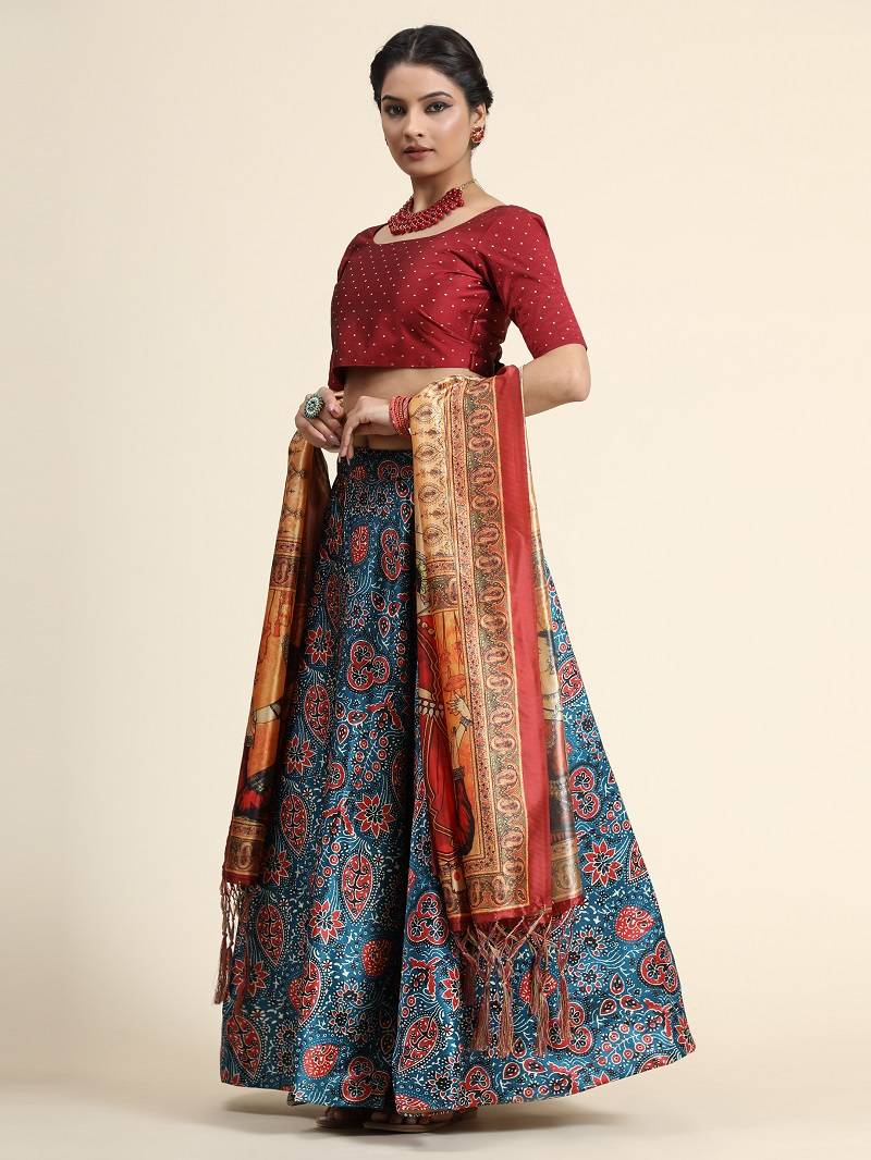 Blue Satin Silk Semi-Stitcehd Lehenga Choli Set With Dupatta