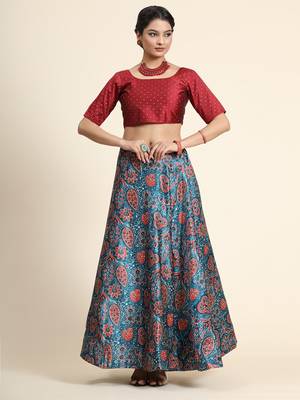 Blue Satin Silk Semi-Stitcehd Lehenga Choli Set With Dupatta 3