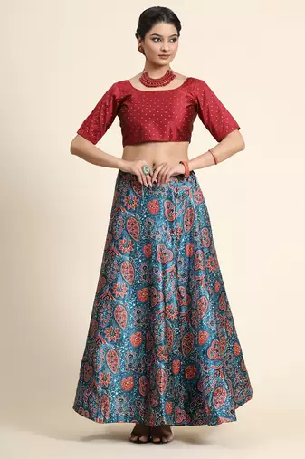 Blue Satin Silk Semi-Stitcehd Lehenga Choli Set With Dupatta
