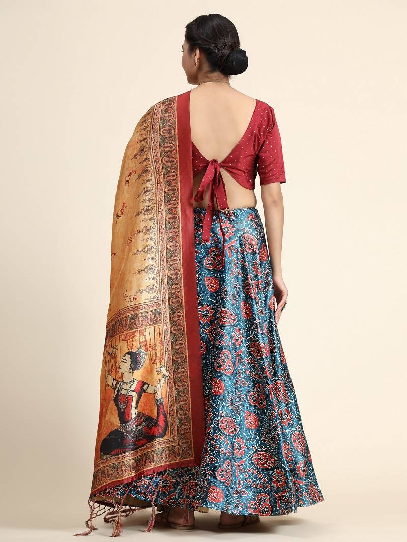 Blue Satin Silk Semi-Stitcehd Lehenga Choli Set With Dupatta