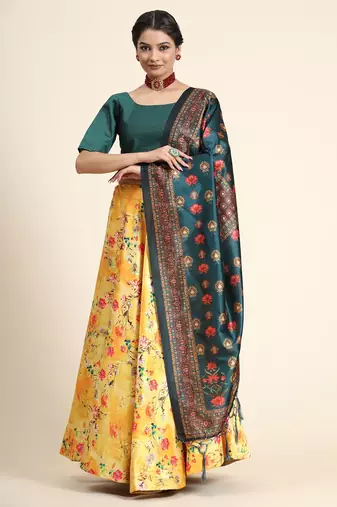Yellow Semi-Stitched Satin Silk Lehenga Choli Set With Dupatta