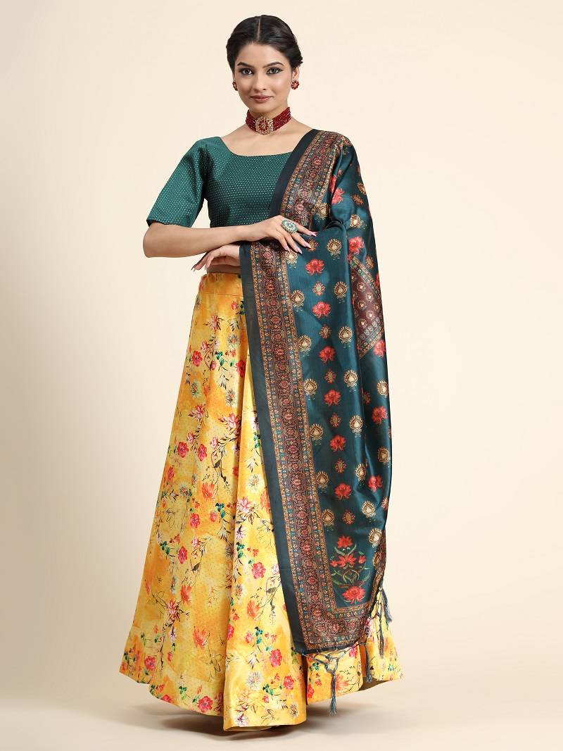 Yellow Semi-Stitched Satin Silk Lehenga Choli Set With Dupatta