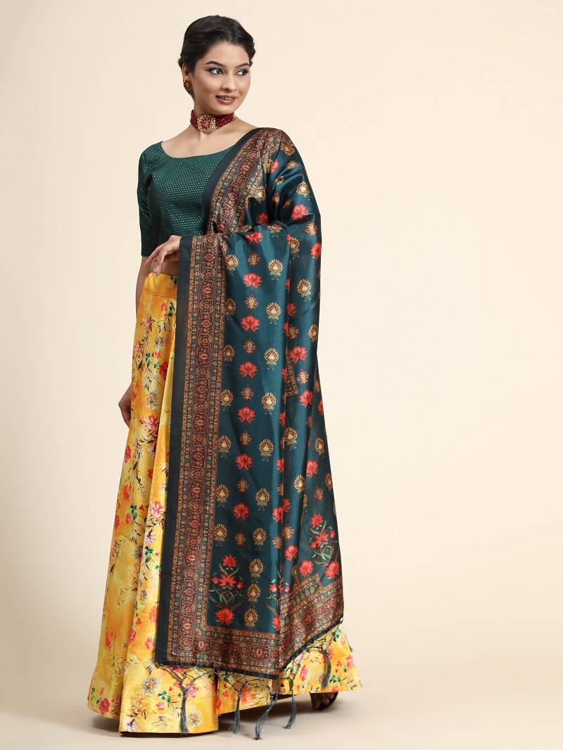 Yellow Semi-Stitched Satin Silk Lehenga Choli Set With Dupatta