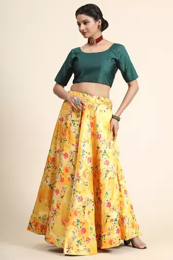 Yellow Semi-Stitched Satin Silk Lehenga Choli Set With Dupatta