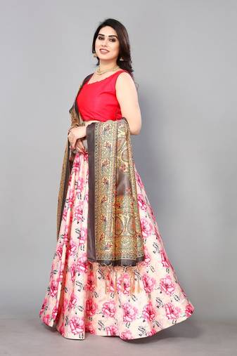 Pink Satin Silk Semi-Stitcehd Lehenga Choli Set With Dupatta