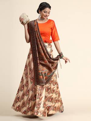 Light Brown Satin Silk Semi-Stitched Lehenga Choli Set With Dupatta 2