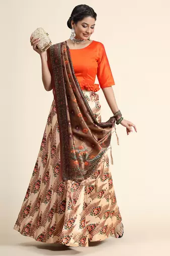 Light Brown Satin Silk Semi-Stitched Lehenga Choli Set With Dupatta