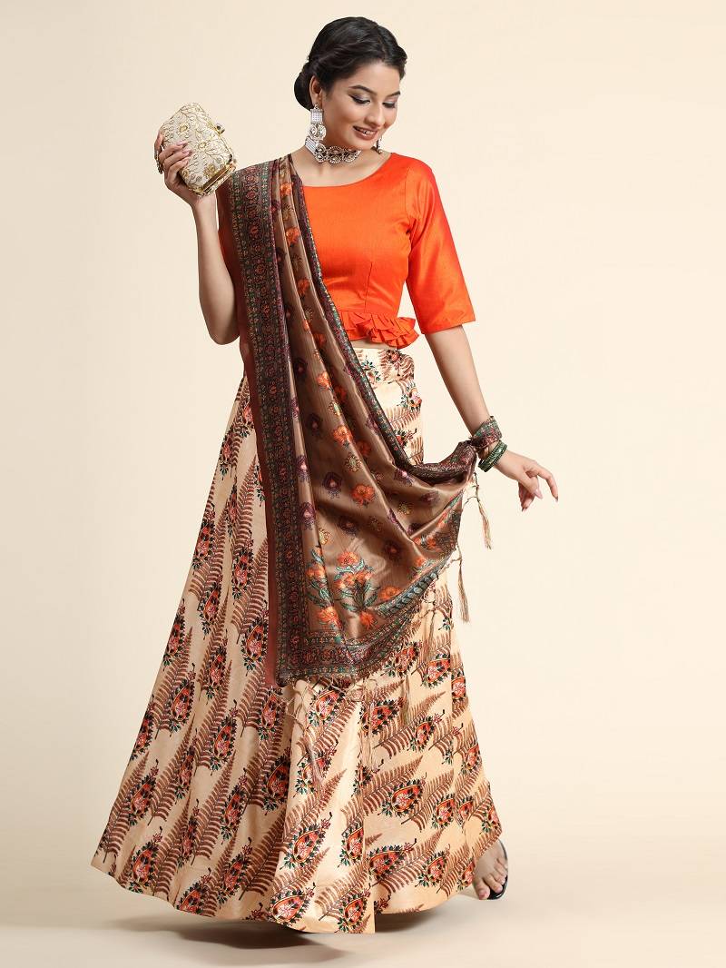 Light Brown Satin Silk Semi-Stitched Lehenga Choli Set With Dupatta