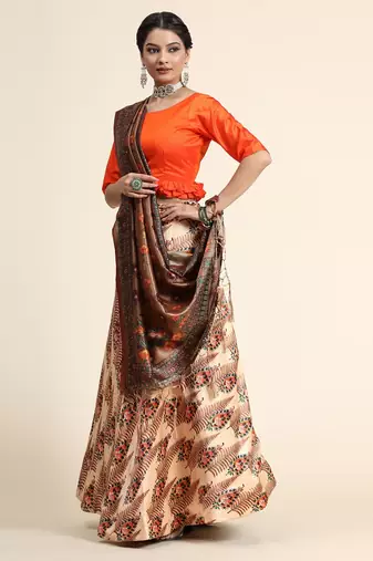 Light Brown Satin Silk Semi-Stitched Lehenga Choli Set With Dupatta
