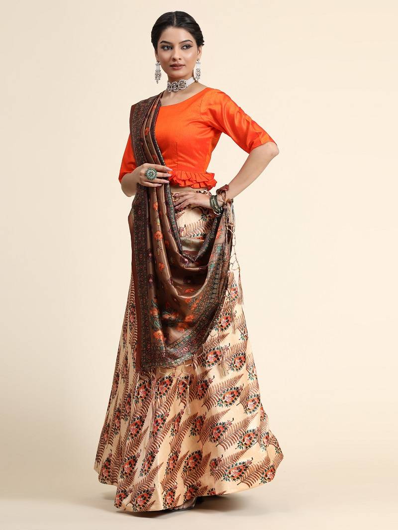 Light Brown Satin Silk Semi-Stitched Lehenga Choli Set With Dupatta
