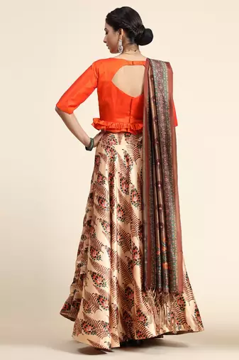 Light Brown Satin Silk Semi-Stitched Lehenga Choli Set With Dupatta