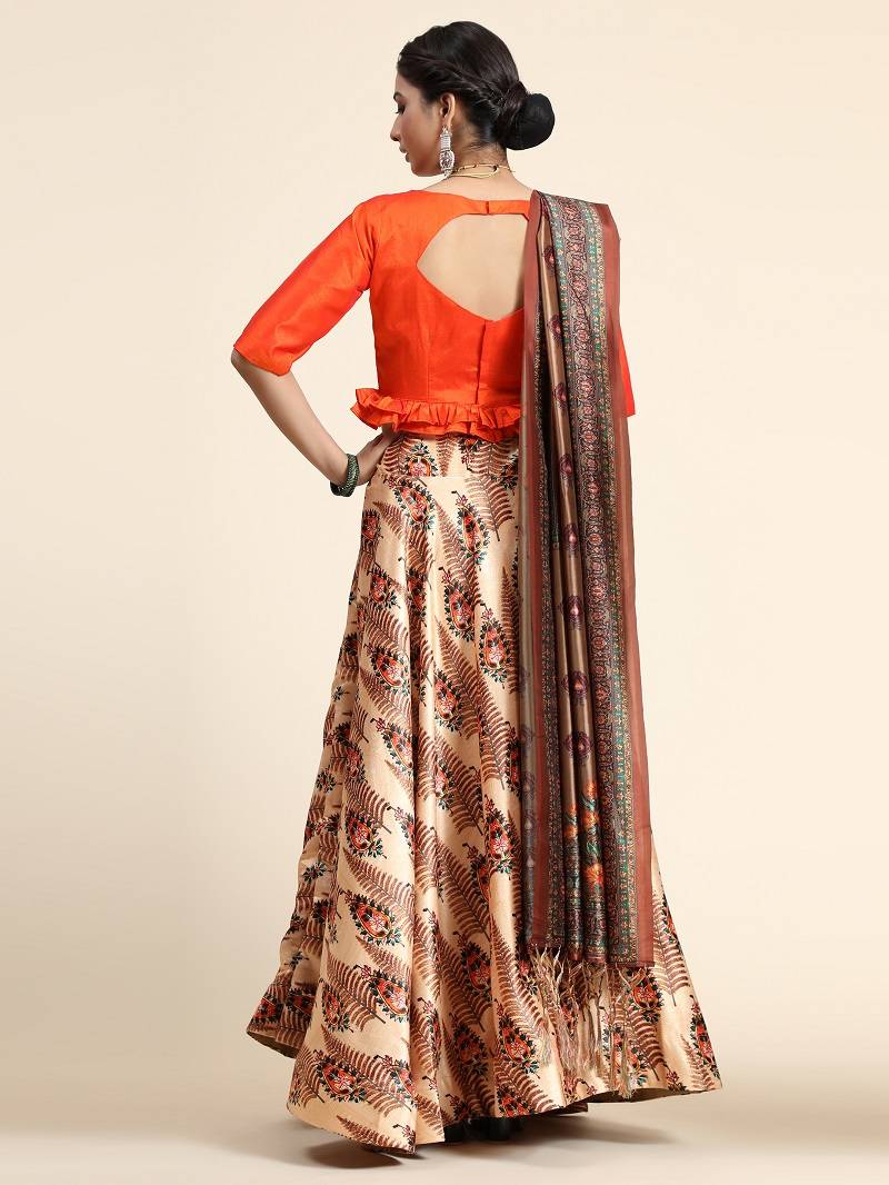 Light Brown Satin Silk Semi-Stitched Lehenga Choli Set With Dupatta