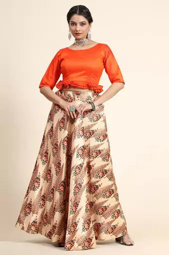 Light Brown Satin Silk Semi-Stitched Lehenga Choli Set With Dupatta