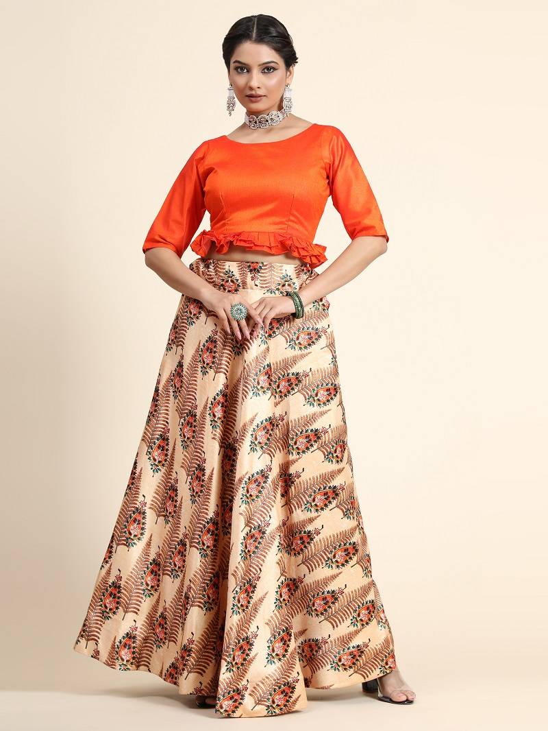 Light Brown Satin Silk Semi-Stitched Lehenga Choli Set With Dupatta