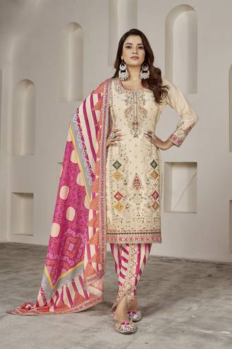 Cream Embroidered Chinnon Free Size Punjabi Salwar Suit(Size Upto 42) Up To 42" Size