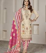 Cream Embroidered Chinnon Free Size Punjabi Salwar Suit(Size Upto 42) Up To 42" Size