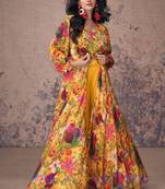 Mustard Embroidered Crepe Silk Free Size Stitched Palazzo Suit. (Size Upto 42) Free size full stitched Up To 42" Size