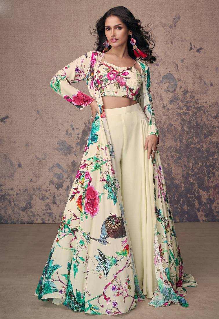 Multicolor Crepe Palazzo Suit With Floral Prints