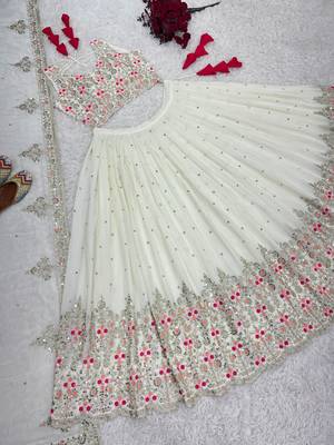 Off White Floral Embroidery Wedding Semi-Stitched Wedding Lehenga With Stitched Blouse 3