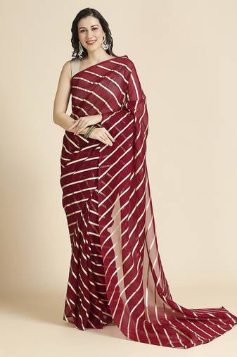 Wine Kota Leheriya Organza Saree With Shimmer Unstitch Blouse